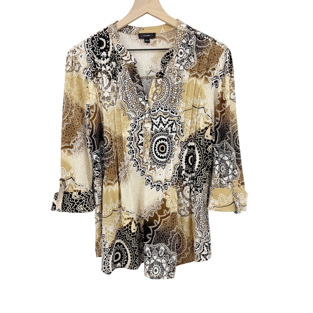 Cocomo Mandala Paisley Roll Tab Sleeve Blouse Brown Tan L Earthy Neutral Boho